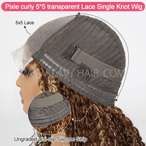 Double Drawn Thick Hair Top to End Pixie Curly 250% Density 5*5 Transparent Lace Closure Wigs 100% Human Hair Anti-slipped Cap