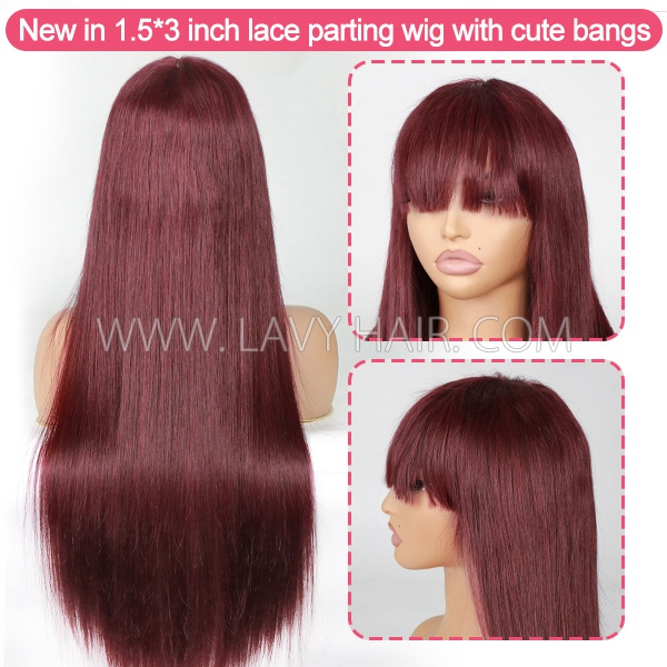 Double Drawn Thick Hair Top to End 250% Density Bone Straight With Cute Bangs 1.5*3 inch Transparent Lace Wigs 100% Human Hair