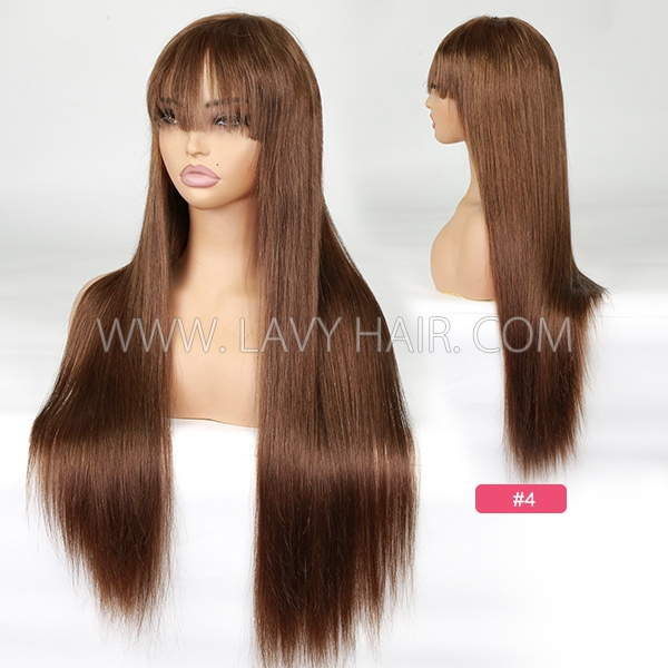 Double Drawn Thick Hair Top to End 250% Density Bone Straight With Cute Bangs 1.5*3 inch Transparent Lace Wigs 100% Human Hair