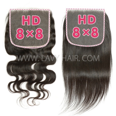 （New）Superior Grade HD Lace 8*8 Closure Preplucked Invisible Melted Lace Human Hair Straight/Curly/Wavy