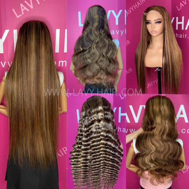 (All Texture Link) Glueless Wear Go HD Lace P4/27 Balayage Mix Ombre Highlight Color Undetectable 200% Density Natural Human Virgin Hair