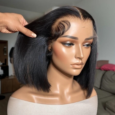 (All Texture Link) 200% Density Thickness Short Bob Wig Blunt Cut Preplucked Glueless 100% Human hair Wear Go