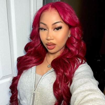 (All Texture Link) Red Color Deep Wave and Body Wave Human Hair 180% Density Lace Frontal Wigs Wear Go