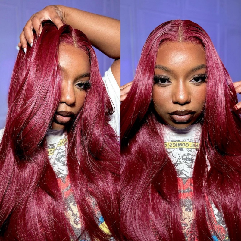 (All Texture Link) Burgundy #99J Color 13*4 Full Frontal Wig 100% Human Virgin Hair Preplucked Pre Bleached Transparent Lace 180% Density Wear Go