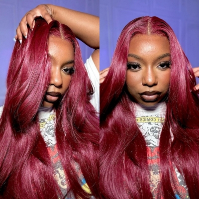 (All Texture Link) Burgundy #99J Color 13*4 Full Frontal Wig 100% Human Virgin Hair Preplucked Pre Bleached Transparent Lace 180% Density Wear Go